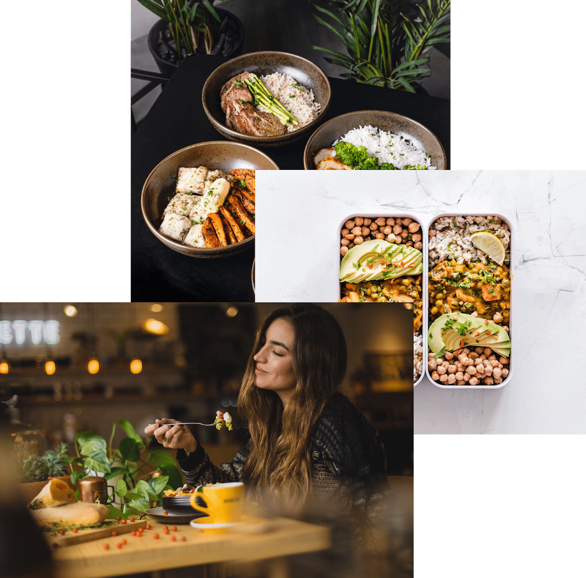 Woman enjoying food, meals in storage container,
and food bowls on a table
